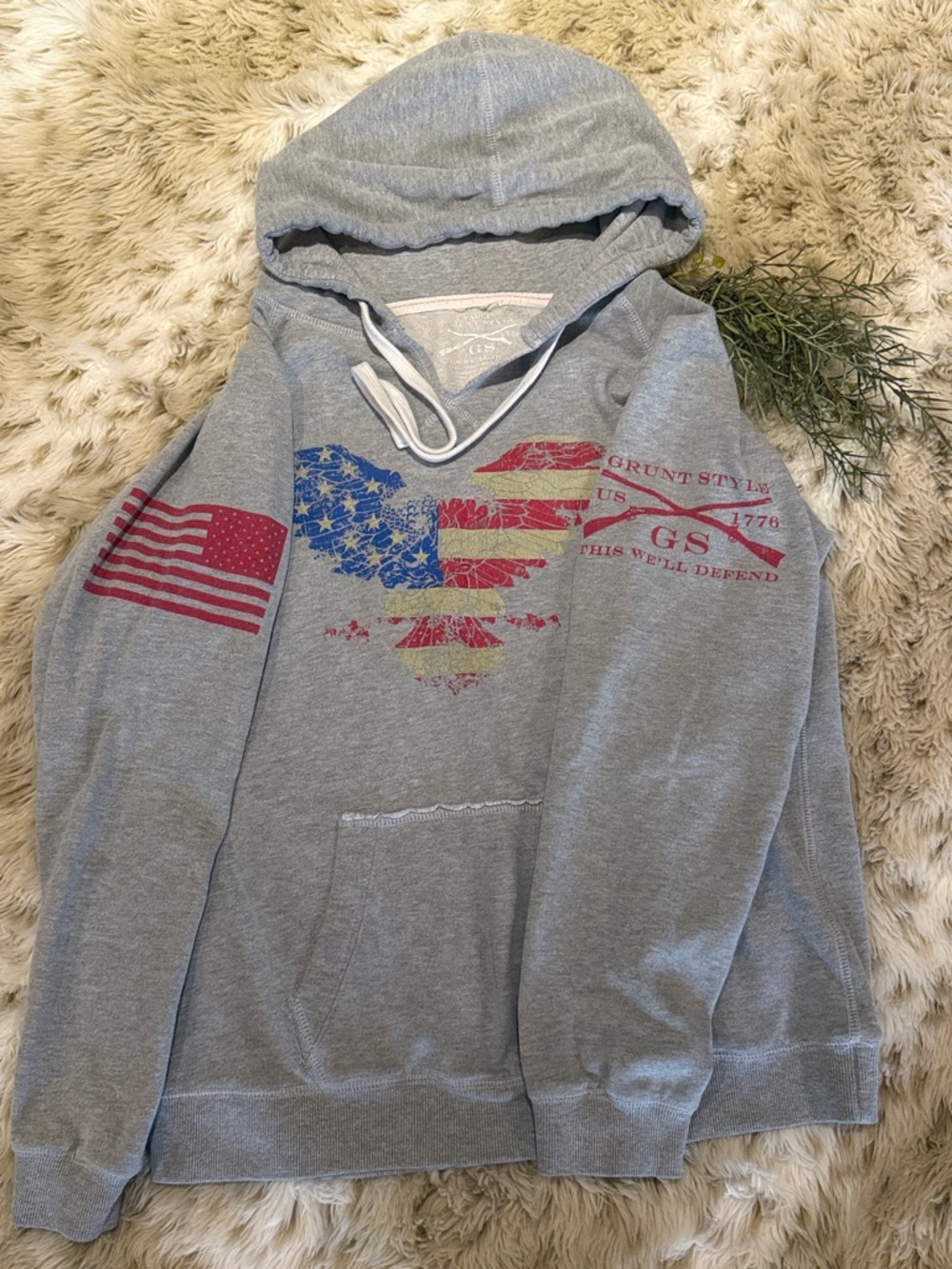 Grunt Style Gray Hoodie with Red & Blue American Eagle Graphic